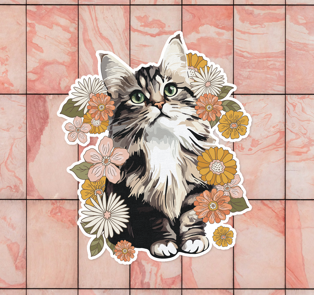 Fluffy Kitty In Flowers Sticker Cat Floral Decal