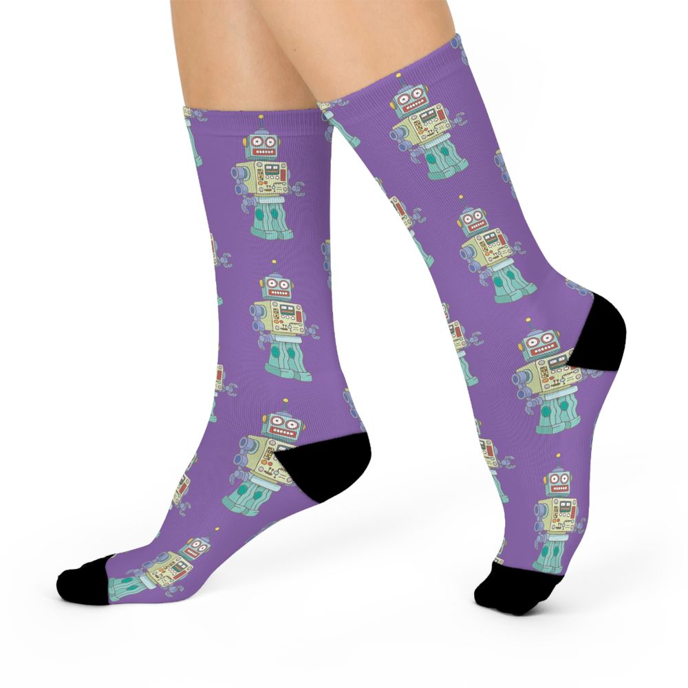 Robot Purple Cushioned Crew Socks with Robot Design