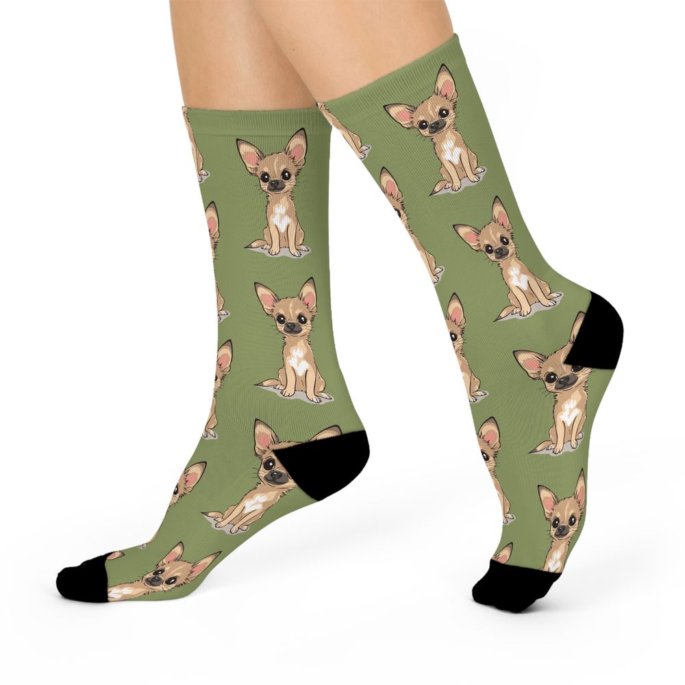  Chihuahua Puppy Dog Pattern Green Cushioned Crew Socks