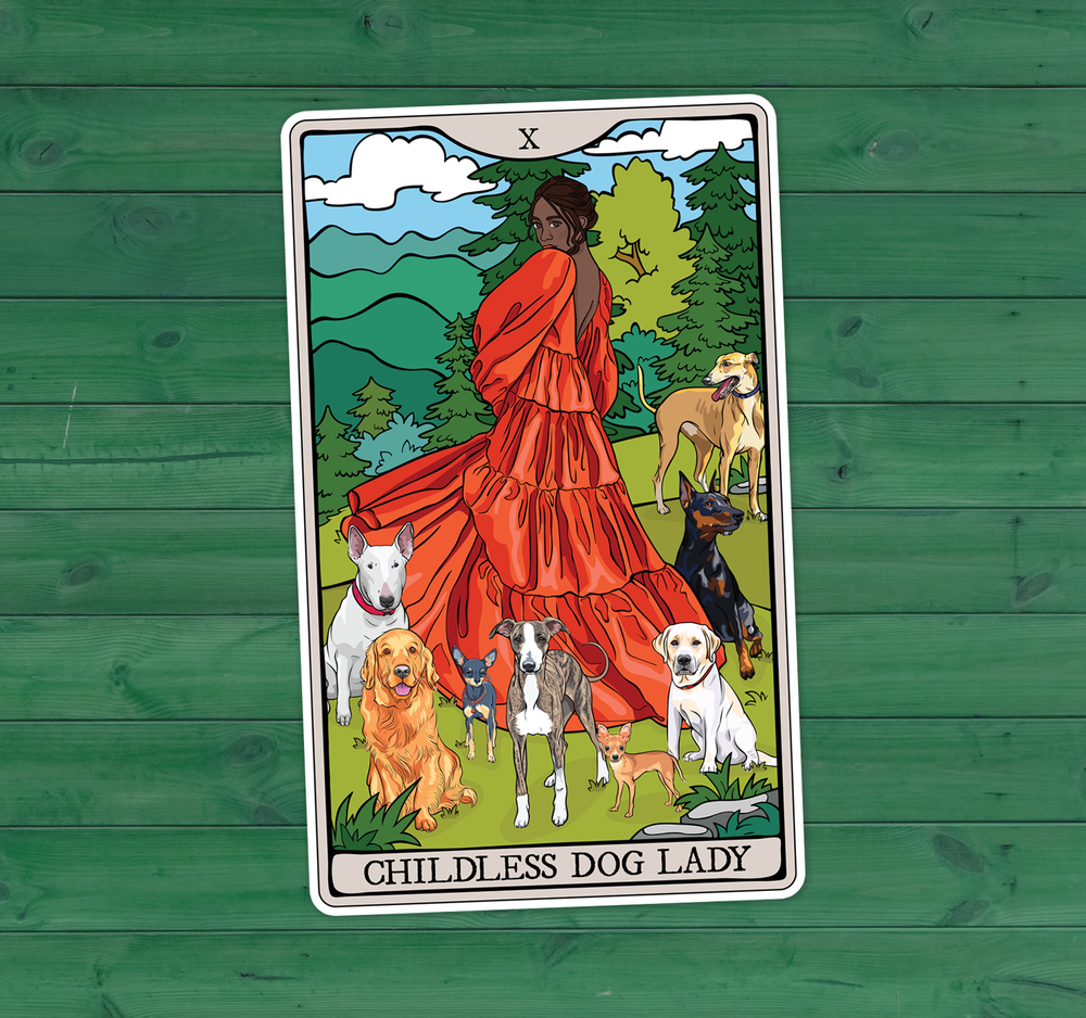 Childless Dog Lady Tarot Card Sticker Decal - POC Dark Skin